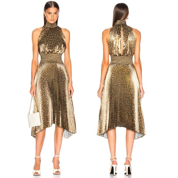 NWT A.L.C. Renzo Pleated Midi Dress Metallic Gold Sz 12 Leopard Print Mock Neck